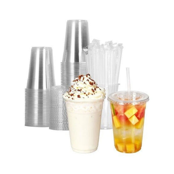 100 16oz Disposable Plastic Cups with Lids & Straws