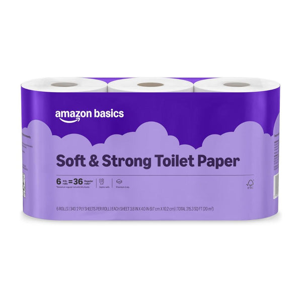 6 Ultra Rolls of Amazon Basics Soft and Strong 2-Ply Toilet Paper