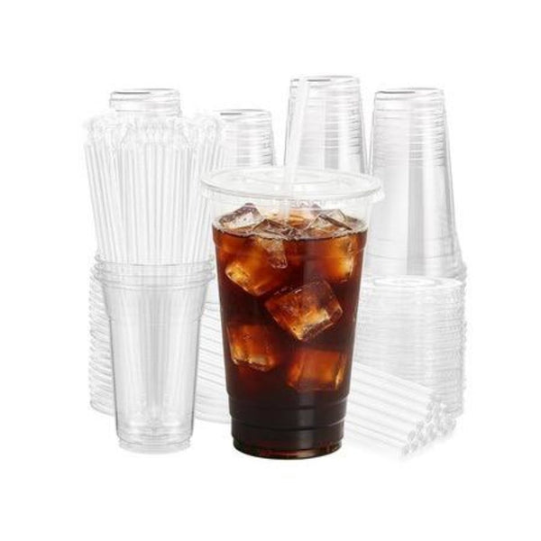 100-Pack 24 oz Clear Plastic Cups with Lids and Straws