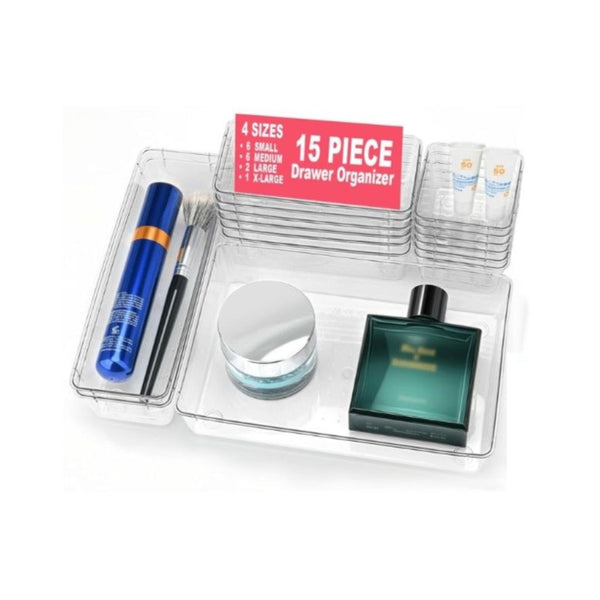 15 Piece Clear Plastic Drawer Organizers Set