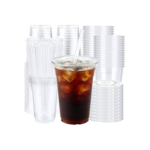 50-Pack 16 oz Clear Plastic Cups with Lids and Straws
