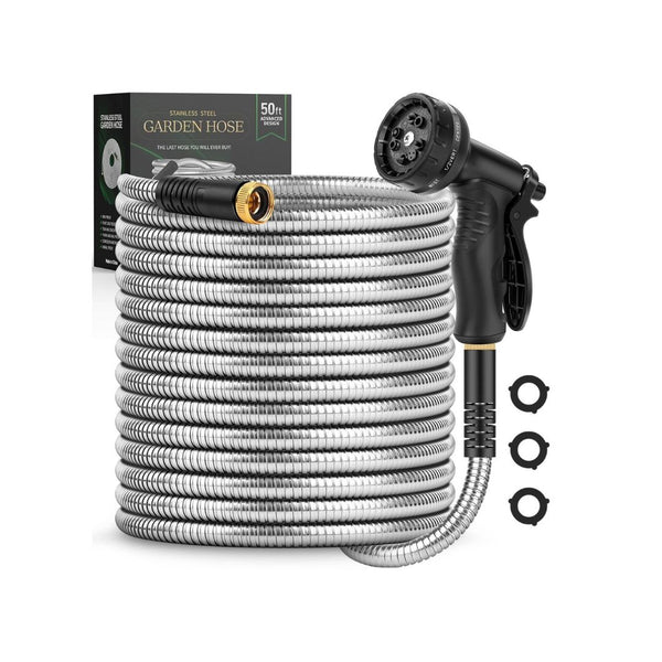 50FT Stainless Steel Garden Hose with 10-Function Nozzle