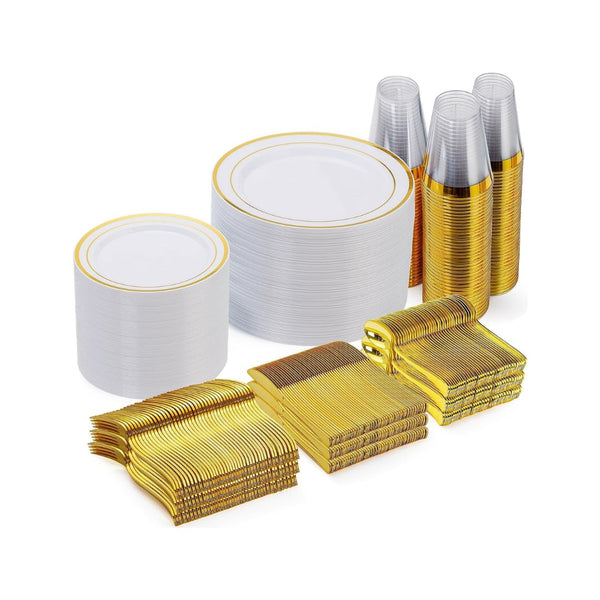 600 Pcs Gold Disposable Dinnerware Set