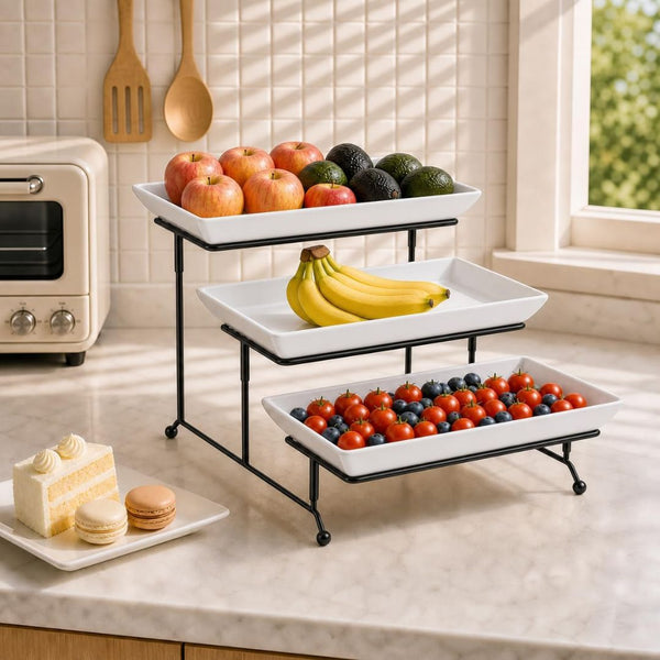 MALACASA 3 Tier Porcelain Serving Platters and Tray Stand