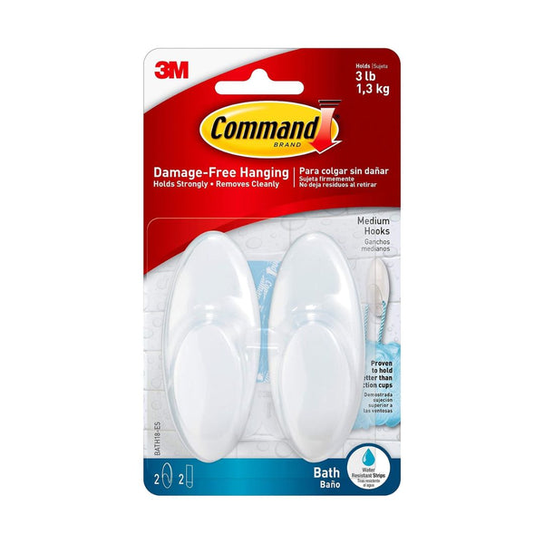 Command Bath Medium Hooks, 3 lb Capacity, 2-Hooks, 2-Strips
