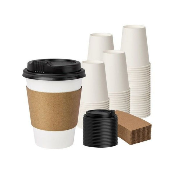 50 12oz Disposable Coffee Cups with Lids & Sleeves