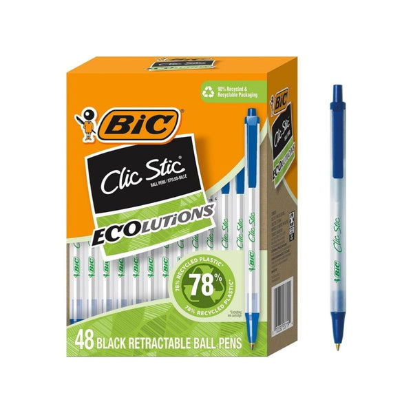 48 BIC Ecolutions Clic Stic Blue Ballpoint Pens