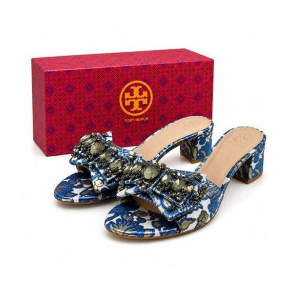Tory Burch Floral Valentina Bow Slide Barricade Sandals