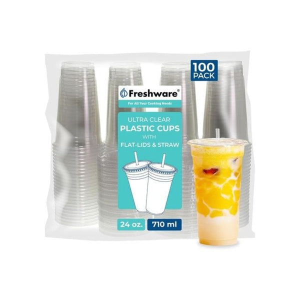 100 24oz Plastic Cups With Lids & Straws