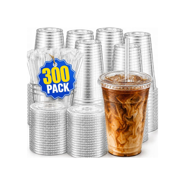 300 Pack 16 oz Plastic Cups with Lids and Straw