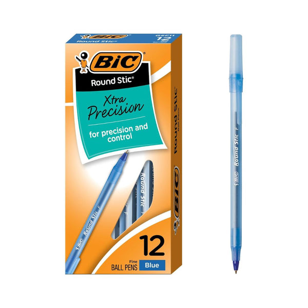 12 BIC Round Stic Xtra Precision Fine Blue Ballpoint Pens