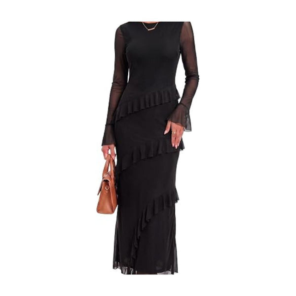 Women's Long Sleeve Ruffle Maxi Dress (Many Colors)