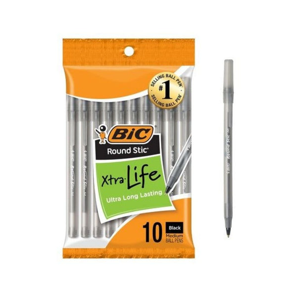 10 BIC Round Stic Black Ballpoint Pens