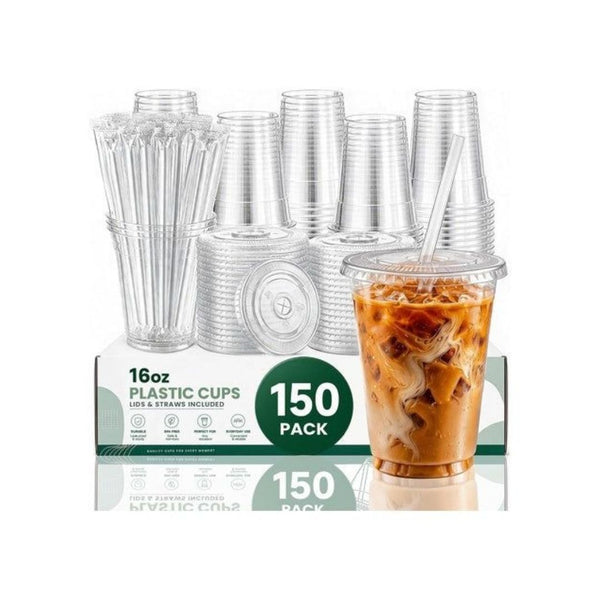150 16oz Plastic Cups With Lids & Straws