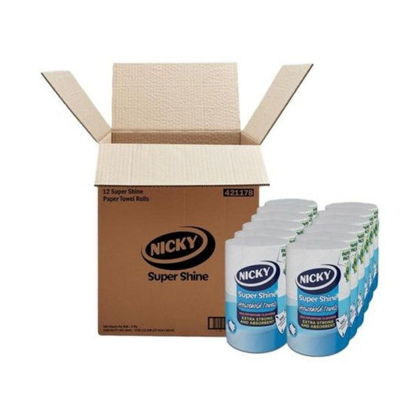 12 Rolls Nicky Super Shine Multipurpose 3-Ply Paper Towels