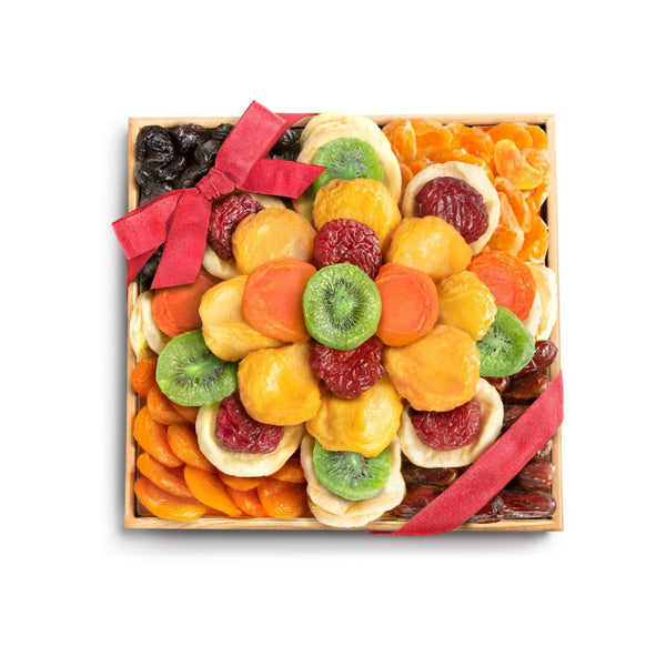 A Gift Inside Dried Fruit Gift Basket in Wooden Serving Tray