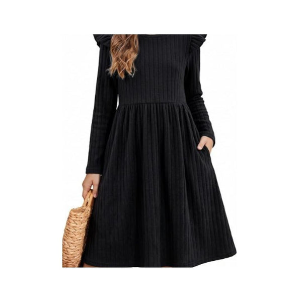 Girls Long Sleeve Ribbed Knit Dresses (4 Colors)
