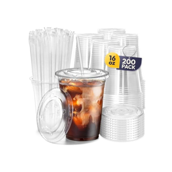 200 Pack Of Plastic Cups With Flat Lids And Clear Straws