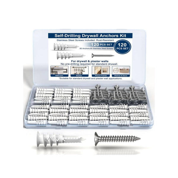 120-Pcs Self-Drilling Drywall Anchors with Stainless Steel Screws