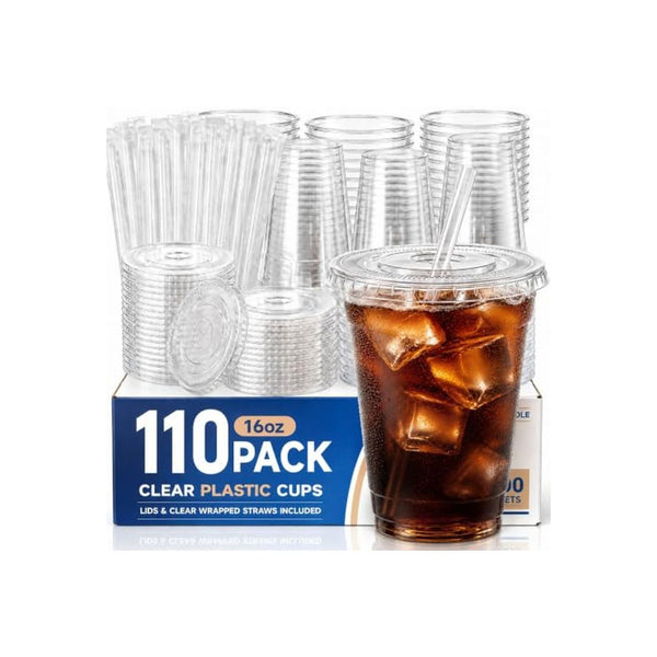 110 Pack 16 oz Disposable Plastic Cups with Lids