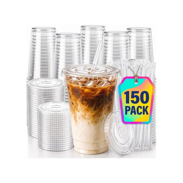 150 Pack 16 OZ Plastic Cups with Lids and Straws