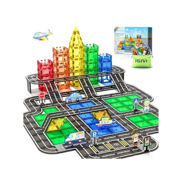 104 Piece Magnetic Tiles Road STEM Toy Set