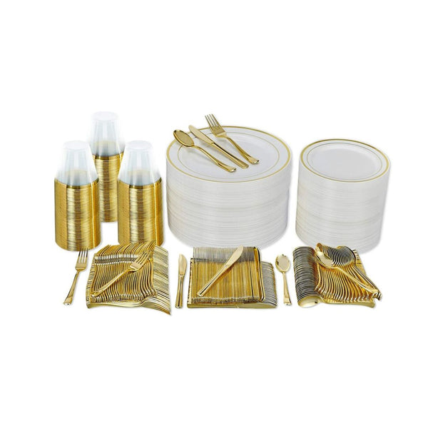 600 Pcs Gold Plastic Disposable Dinnerware Set (100 Guests)
