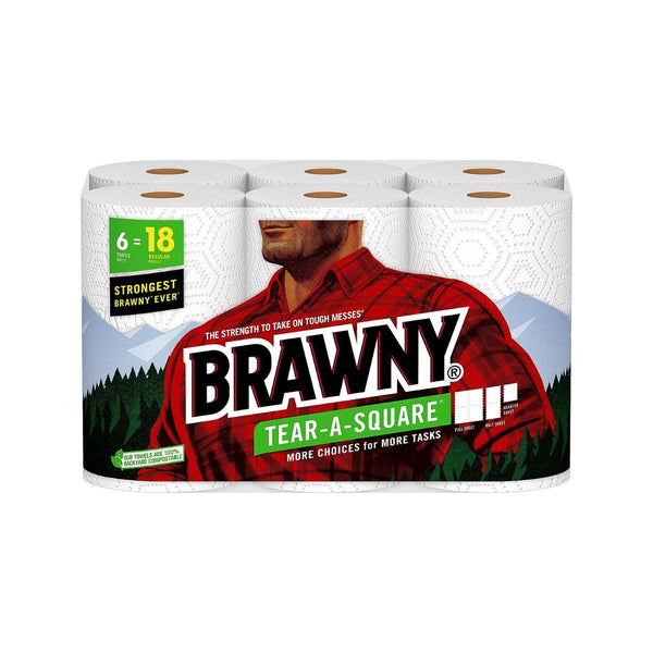 Brawny Tear-A-Square Paper Towels, 6 Triple Rolls = 18 Regular Rolls