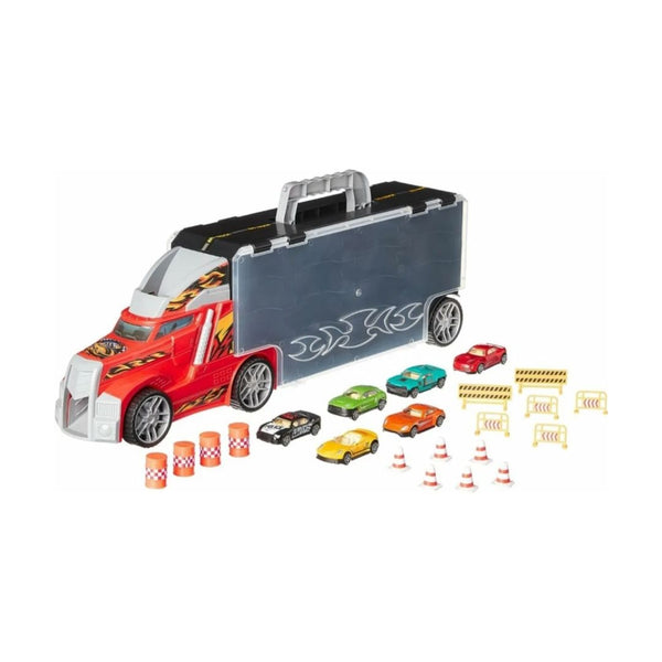 Amazon Basics Toy Car Carrier Truck With Storage, 6 Diecast Vehicles & 16 Accessories