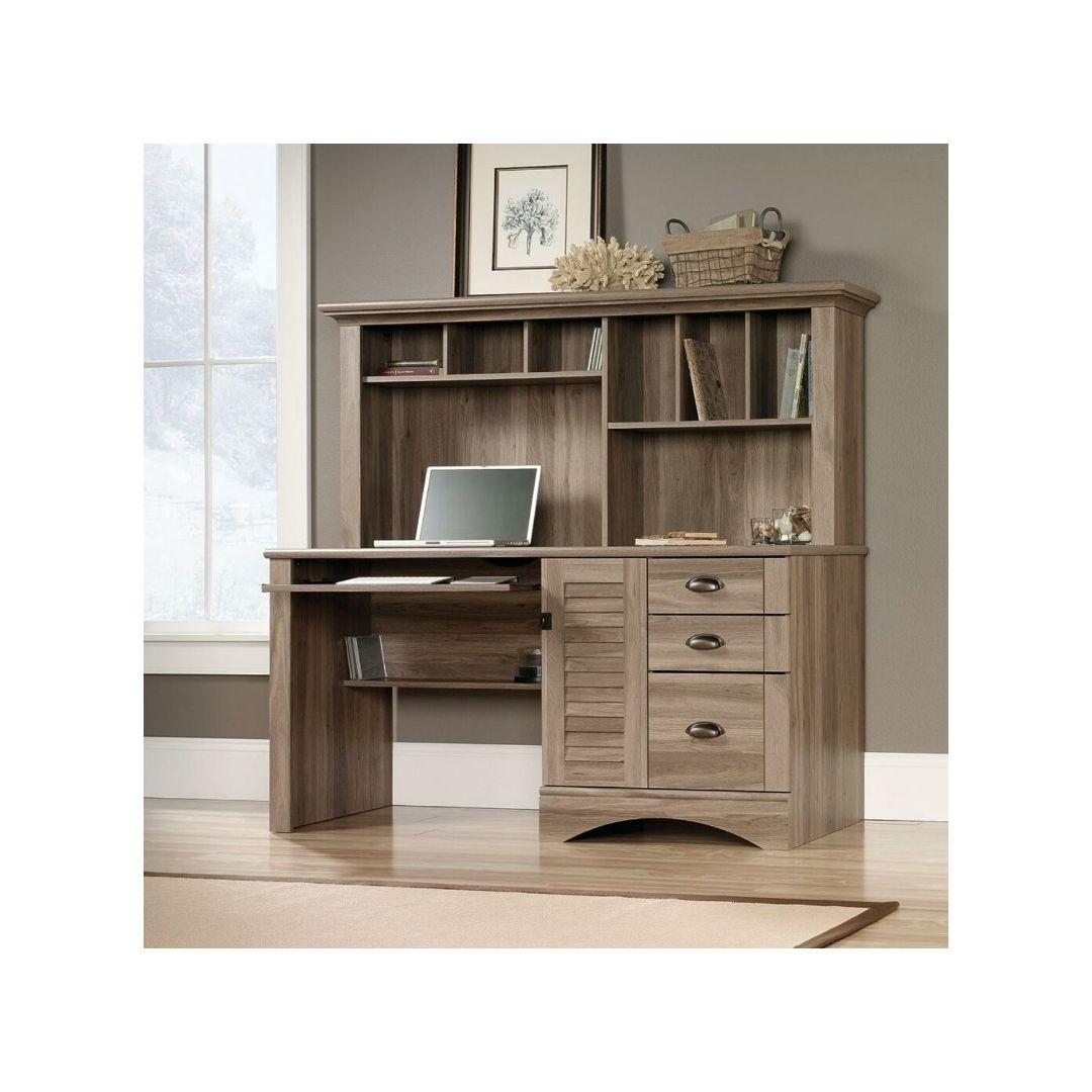 Sauder Harbor View Computer Desk with Hutch, Salt Oak finish simplexdeals