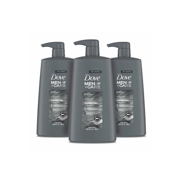 3 Bottles of Dove Men+Care Shampoo Charcoal + Clay (25.4 oz Bottles)