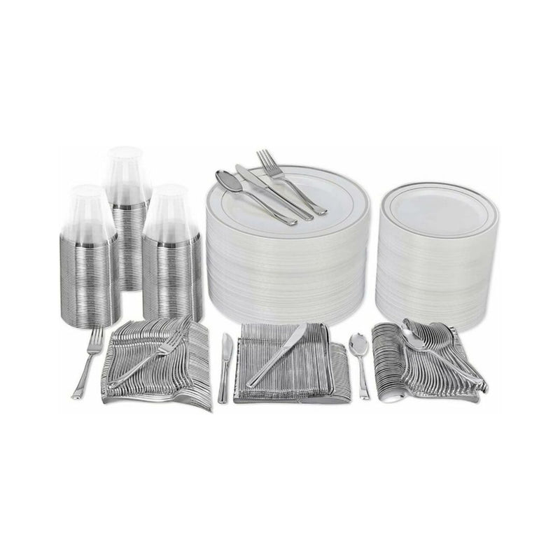 600 Pcs Silver Plastic Dinnerware Set (100 Guests)
