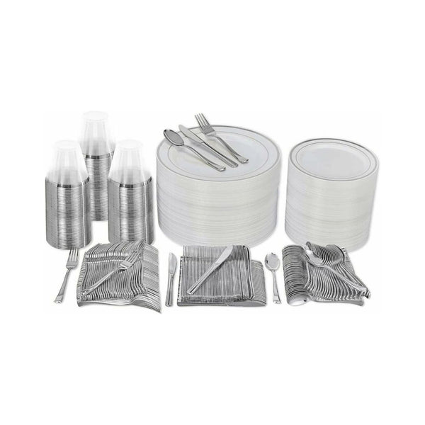 600 Pcs Silver Plastic Dinnerware Set (100 Guests)