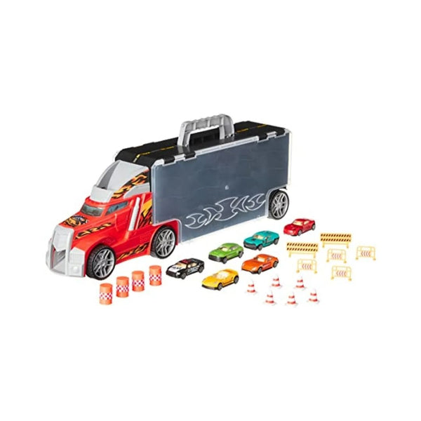 Toy Car Carrier Truck, 6 Diecast Vehicles, And 16 Accessories