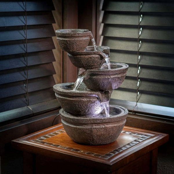 Alpine Corporation Indoor Tabletop 5-Tiered Stone Bowls Water Fountain with LED Lights