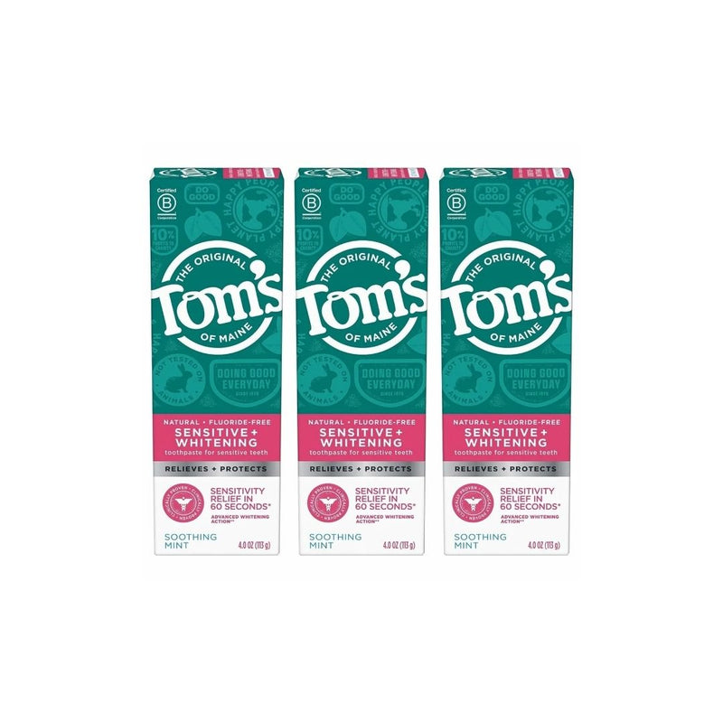 3 Pack Tom's of Maine Sensitive + Whitening Fluoride Free Toothpaste, Soothing Mint