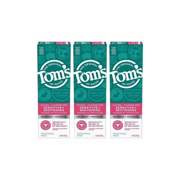 3 Pack Tom's of Maine Sensitive + Whitening Fluoride Free Toothpaste, Soothing Mint