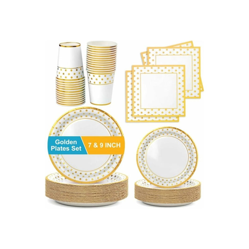 100 Pc White Gold Paper Party Set