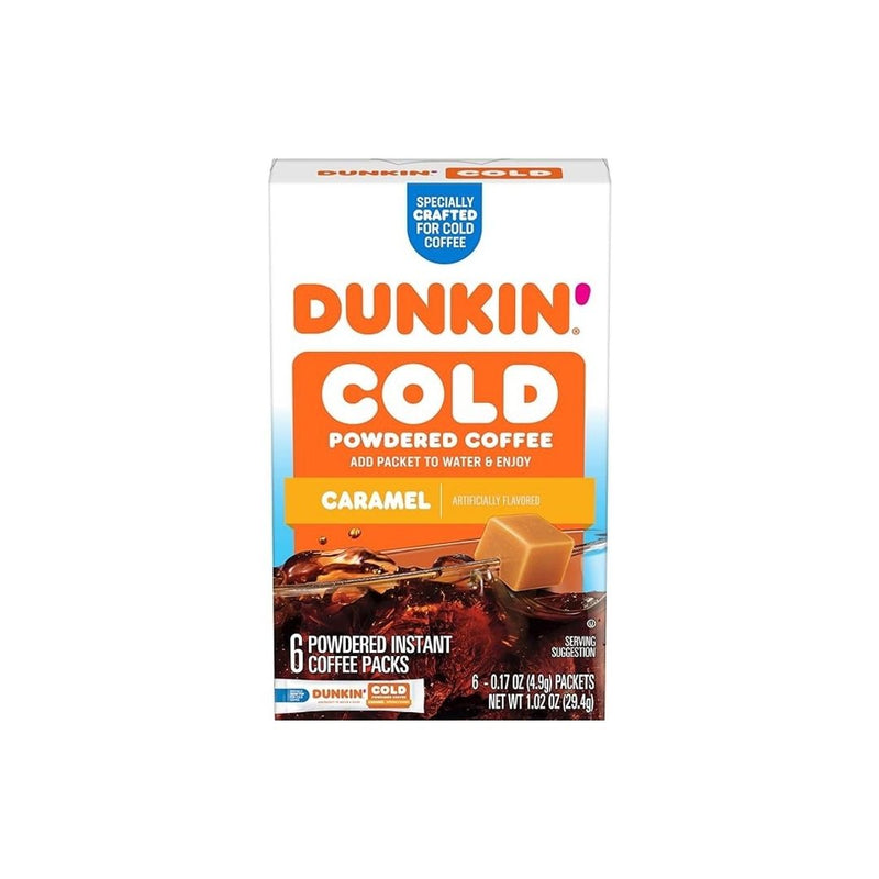 6 Count (Pack of 12) Dunkin' Cold Caramel Flavored Powdered Single Serve Instant Coffee Packs
