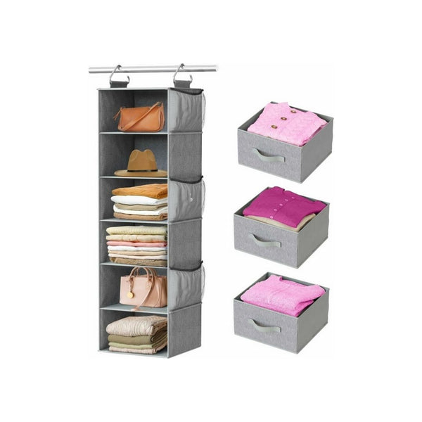 6 Shelf Hanging Closet Organizer with 3 Removable Drawers & Side Pockets