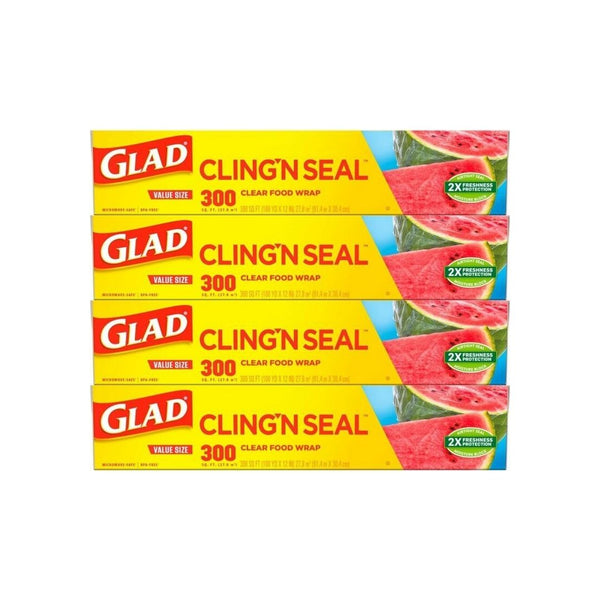 4 Packs Glad Cling N Seal Plastic Food Wrap, 300 Square Foot Rolls