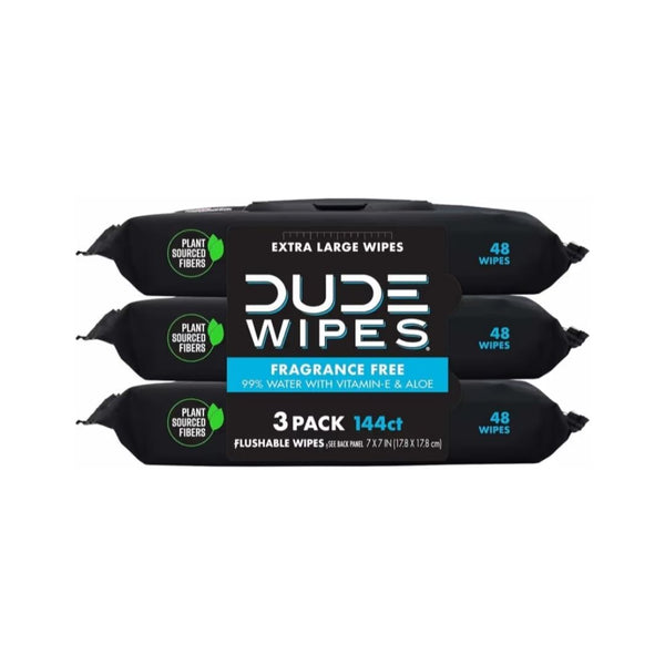 3 Packs 144 of DUDE Wipes – Unscented, Flushable, Vitamin-E & Aloe