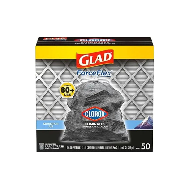 50 Count Glad Large Drawstring Trash Bags, ForceFlex with Clorox, 30 Gallon
