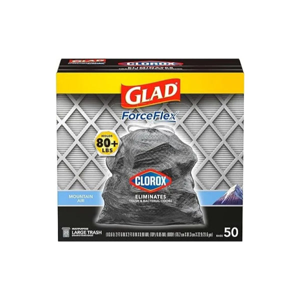 50 Count Glad Large Drawstring Trash Bags, ForceFlex with Clorox, 30 Gallon