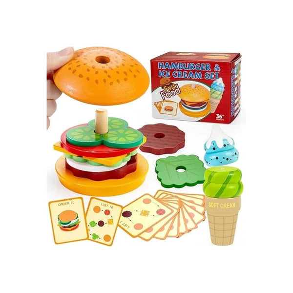 Wooden Realistic Burger & Ice Cream Stacking & Pretend Toy