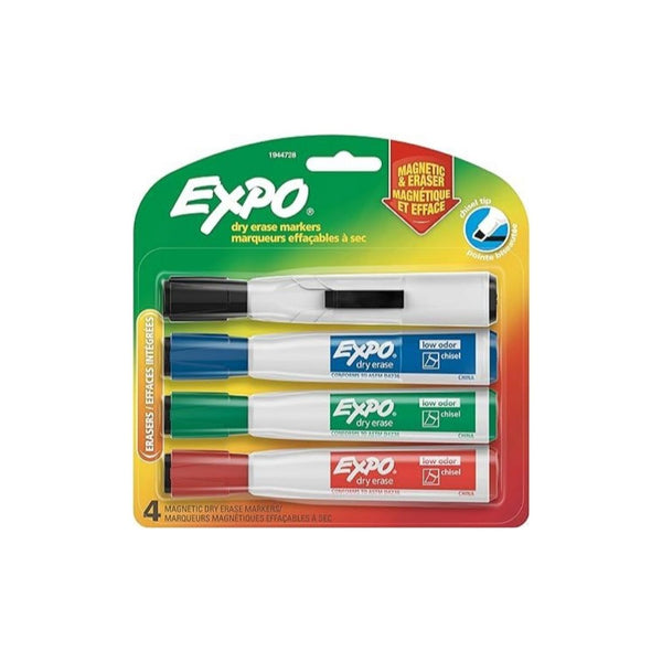 4 Count Expo Magnetic Dry Erase Markers with Eraser, Chisel Tip, Assorted