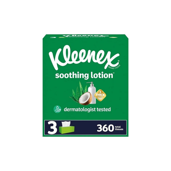 3 Boxes Of 120 Kleenex Soothing Lotion Or Ultra Soft Facial Tissues