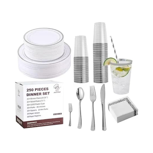 250 Count Silver Disposable Plastic Dinnerware Set