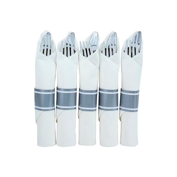 50 Sets Of Pre Rolled Silver Plastic Cutlery In A Napkin