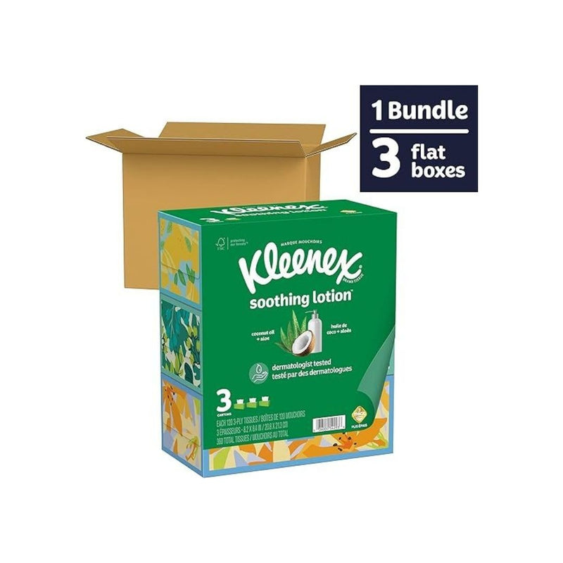 3 Flat Boxes Kleenex Soothing Lotion Facial Tissues (120 Tissues per Box)